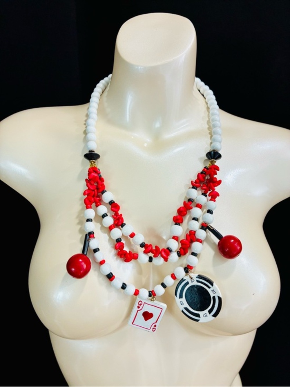 Casino Gambler’s Statement Wooden Handmade Layered Charm Necklace Red White BLK
